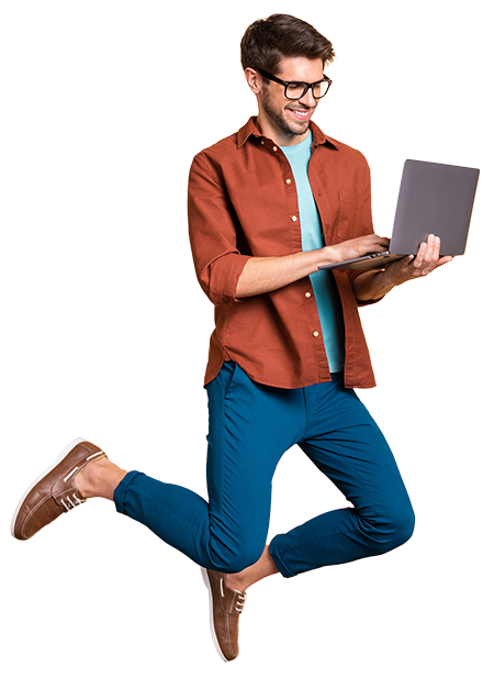 Happy man jumping with laptop